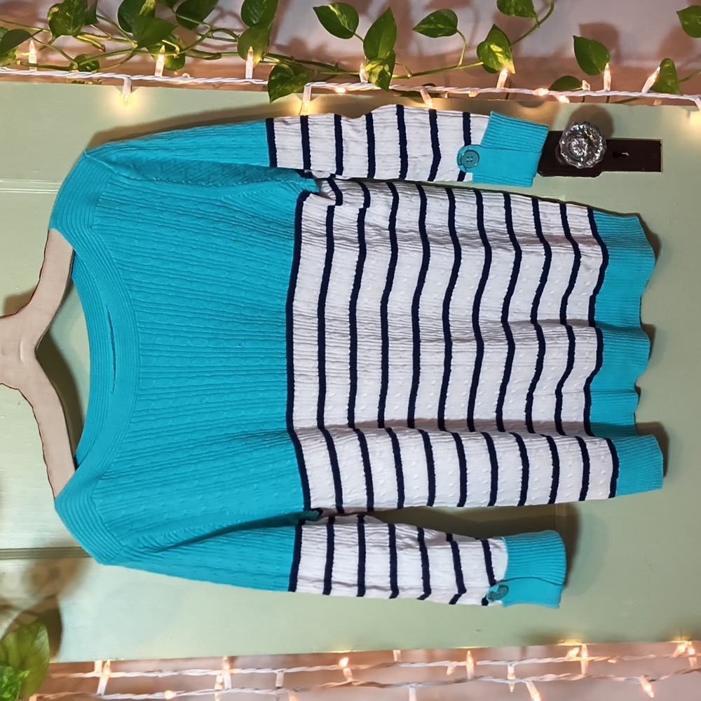 Women's Karen Scott Turquoise Aqua White Striped Nautical Sweater MP